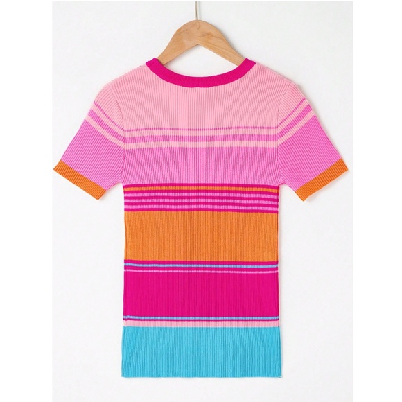 Knit Striped Pink Blue Orange Short Sleeve Crew Neck Tee Shirt Top - Picture 5 of 12